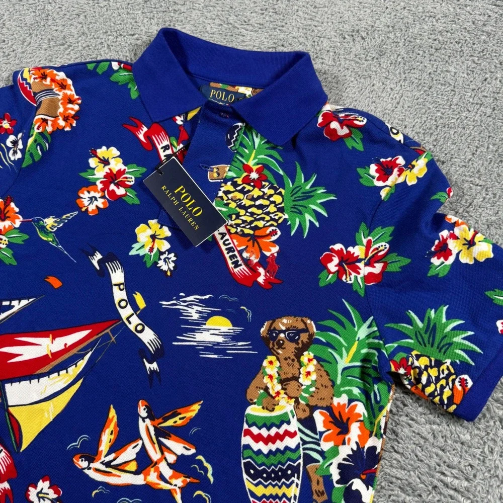 NWT Polo‎ Ralph Lauren Mens XS Polo Bear Tropical Hawaiian Print Mesh Shirt Blue